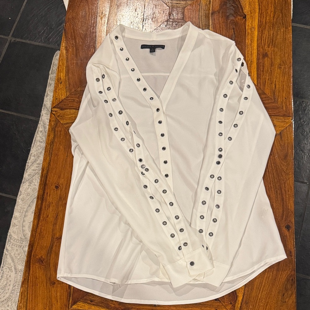 Women's White V-Neck Blouse with Snap-Stud Trim